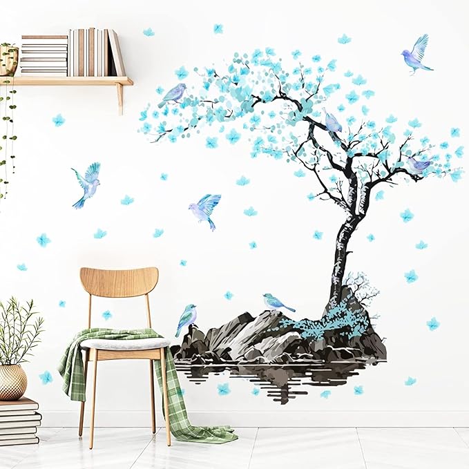 Large Flower Tree Wall Decals Blue Blossom Floral Wall Stickers Peel and Stick Wall Art Mural for Girls Bedroom Living Room Watercolor Bird Tree Branch Wall Stickers for Kitchen TV Background Decor