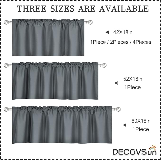 Gray Valance for Windows 42x18 Inch Solid Thermal Insulated Blackout Rod Pocket Kitchen Short Curtain Toppers Grey Valance for Bathroom Living Room 2 Panels