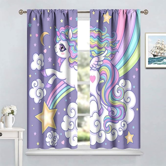 Kids Unicorn Curtains Purple Cartoon Rainbow Cartoon Room Blackout Curtains Boys Girls Baby Room Decor Curtains Living Room Decor 63x63 Inch 2 Panels