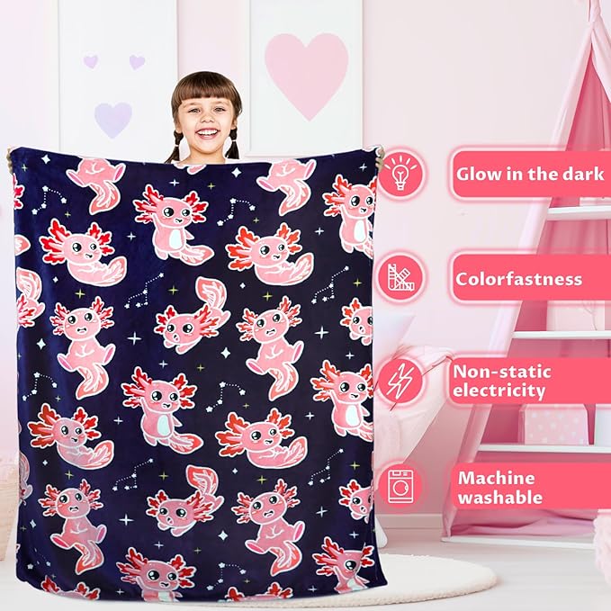 Axolotl Blanket Glow in The Dark Blanket Pink Axolotl Plush Cute Blanket for Girls Axolotl Gifts Birthday Decorations 50"x60"