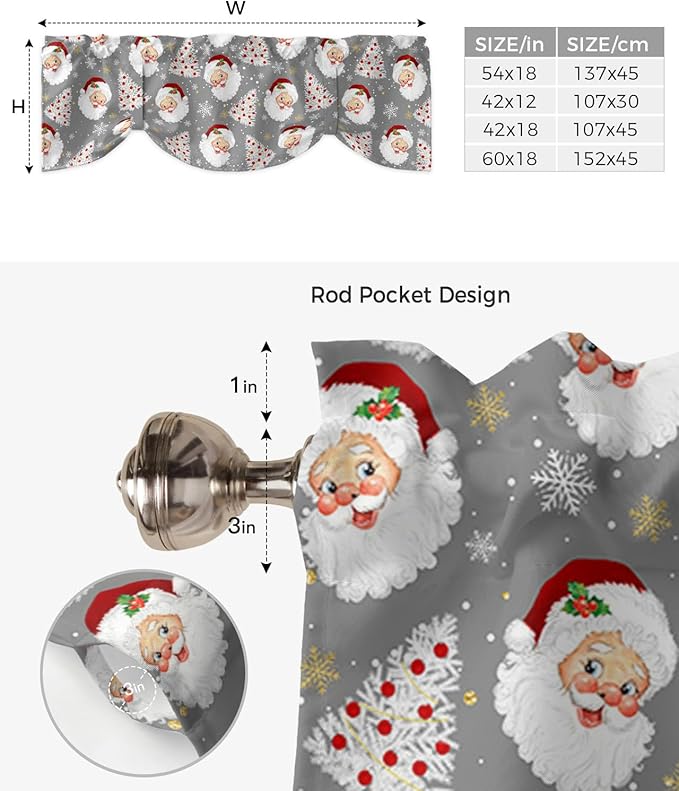Grey Christmas Blackout Tie Up Valance Curtains for Kitchen Windows Santa Claus Merry Christmas Tree Window Toppers Balloon Shades for Living Room/Bathroom/Bedroom,1 Panel, 60" X 18", Winter Snowflake