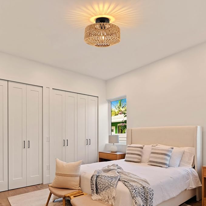 Boho Light Fixtures Ceiling Mount, Mini Boho Rattan Chandelier, Woven Flush Mount Ceiling Light Fixture for Hallway Bedroom Kitchen Entryway Living Room Nursery