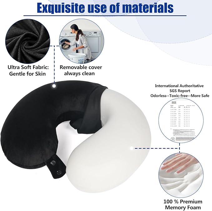 SAIREIDER Travel Pillow 100% Pure Memory Foam Travel Neck Pillow, Airplane Pillow for Traveling、Car、Home、Office,Washable Cover(Black)