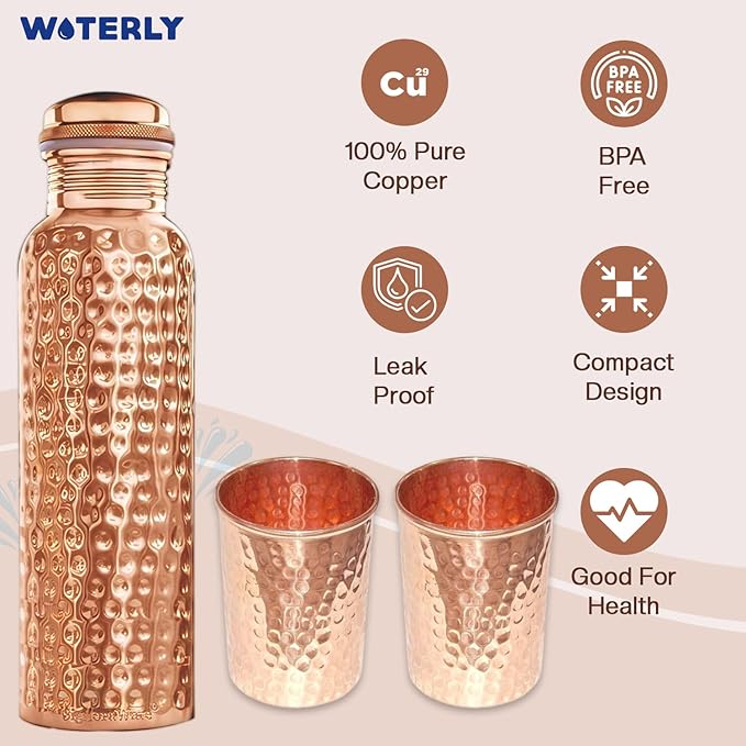Hammered Copper Water Bottle With Set Of 2 Plain Tumbler | Premium Quality | Pure Authentic Copper Bottle (34 Oz /1000ml ) With Set 2 Copper Tumblers For Drinking