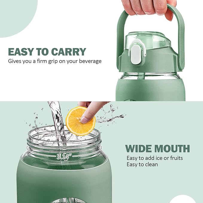 kytffu 42oz Glass Water Bottles with Straw, Motivational Glass Bottle with Silicone Sleeve and Time Marker, Leakproof Large Glass Water Jug for Gym Home Office,Olive
