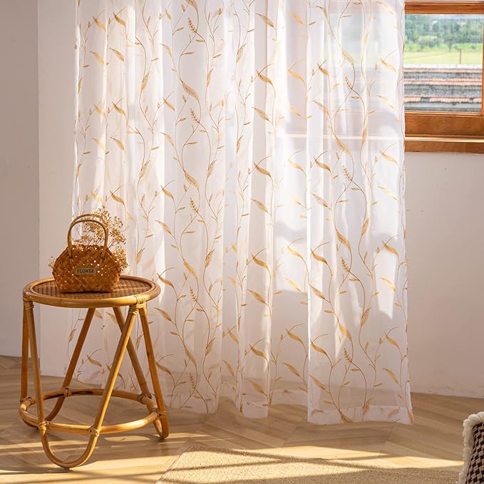 Windows Sheer Curtains Embroider Yellow Leaf 108 Inches Length 2 Panels Voile Light Filtering Sheer Curtains Panel Basic Rod Pocket for Bedroom Living Room Children Room