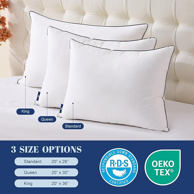 Goose Down Pillows King Size Set of 2, Luxury Hotel Collection Bed Pillow 2 Pack, Airyfil™ Powered Fillings & Feather Pillow,Soft Fluffy for Side, Back, Stomach Sleepers 20"x36"