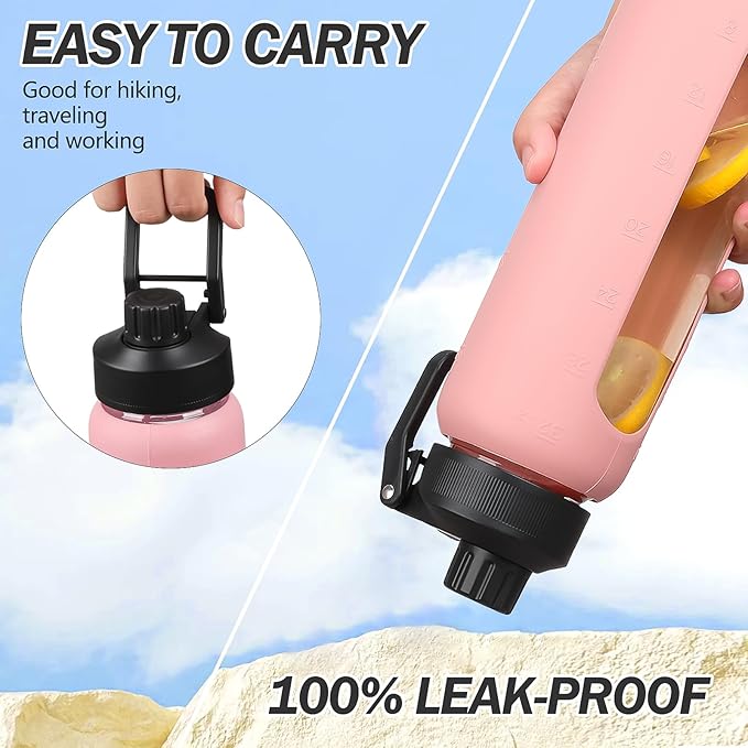 Glass Water Bottles with Straw -24oz- Water Bottle Phone Holder for Gym Sports Water Bottles with Silicone Sleeve Glass Drinking Bottles 2 Lids - Spout & Bamboo Straw Lid(Pink)