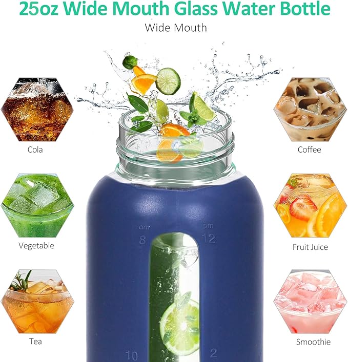 25oz Glass Water Bottles,glass tumbler with straw and 2 lid,Glass Cup with Lid and Straw(BPA Free),Water Bottle with Handle for Outdoor Sports and Home Use.(Green)