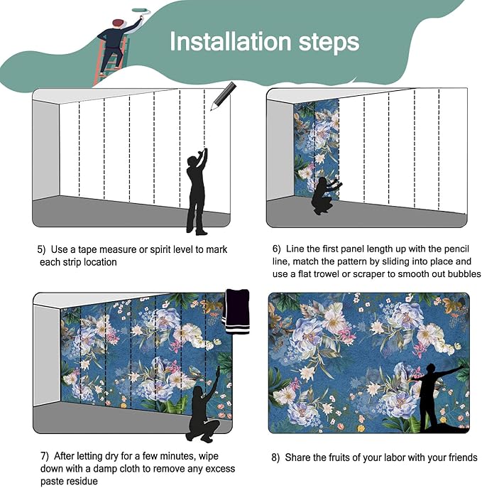 Blue Background Flower Plant Large Wallpaper for Bedroom (Not Peel and Stick)