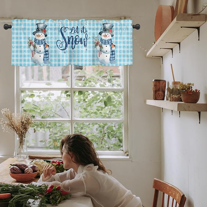 Snowman Christmas Valance Curtains for Kitchen Windows Let It Snow Winter Holiday Rod Pocket Window Treatment Toppers for Kitchen/Living Room/Bedroom/Bathroom, 42" X 12", Blue White Buffalo Plaid