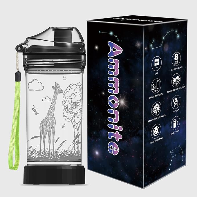 Ammonite Giraffe Kids Water Bottle with 3D Glowing LED Light - 14 OZ Tritan BPA Free - Creative Ideal Travel Cup Gift for School Kid Boy Child Holiday Camping Picnic