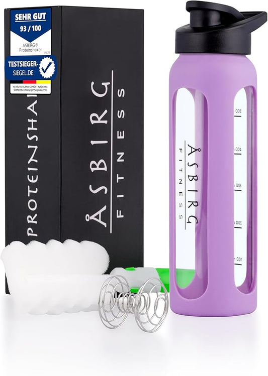 Fitness | Protein Shaker Made of Glass | Protein Shaker | Drinking Bottle | with Spiral Ball | Black (pastel purple)