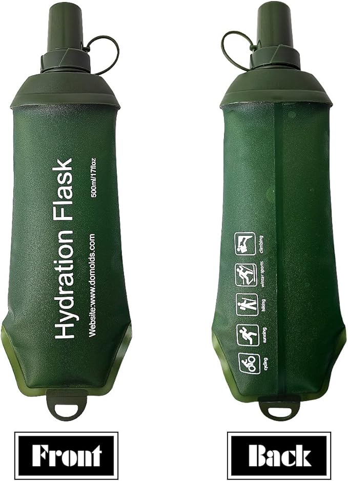 Green Soft Flask, TPU Foldable Running Hydration Flask, for Hydration Packs/Running Vests-Running, Hiking, Cycling Folding Bottle-17 oz (500 ml)
