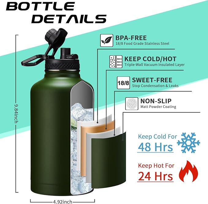 64oz Insulated Water Bottle with Straw & Auto Spout Lid - (Cold 48H & Hot 24H) Half Gallon Stainless Steel Water Jug with Paracord Handle, Metal Tactical Military Water Flask with Carrier Strap Bag
