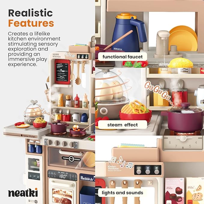 72-Piece Kids Play Kitchen Set: 27.16 x 10.62 x 36.61 Inches, Interactive Features, Realistic Design, and Educational Fun for Ages 3 and Up (Light Brown 72)