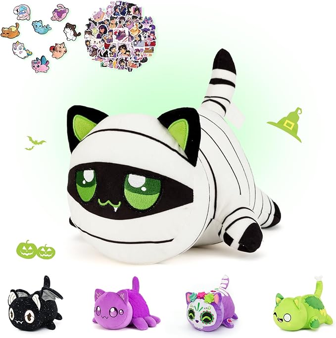 69-PCS 丨 11-inches Mummy Cat Plush + 60-Sticker + 8-Pcs Shoe Charms - Ghost Cat Collection - 100% Embroidered Plushie - Cat Stuffed Animal Collectible (Mummy Cat)