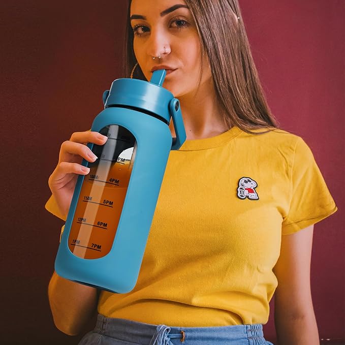 64 oz Glass Water Bottle with Straw and 2 Lids, Half Gallon Water Bottle with Sleeve, Large Insulated 2 Liter Glass Water Jug Time Marker with Handle - Steel Blue