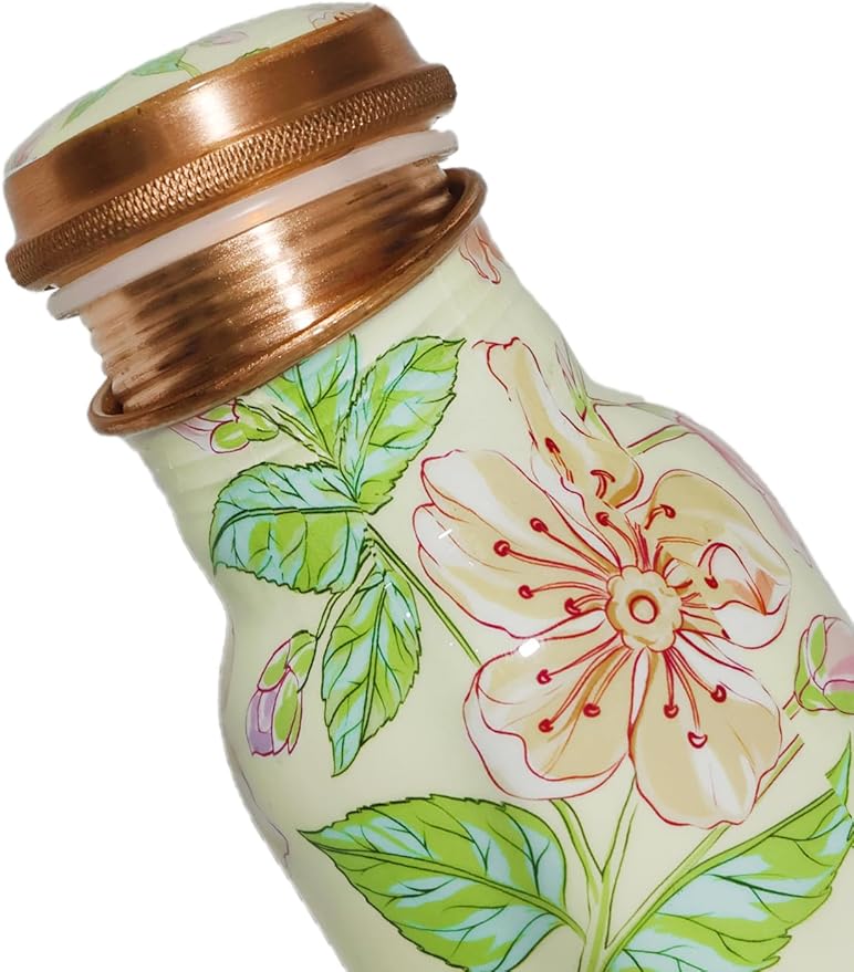 Copper Ayurveda Copper Water Bottle for Drinking – Travel Water Bottle for Gym, Yoga, Office, Hiking, Outdoor – with Lid (Yellw Pink floral) (Yellow pink floral)