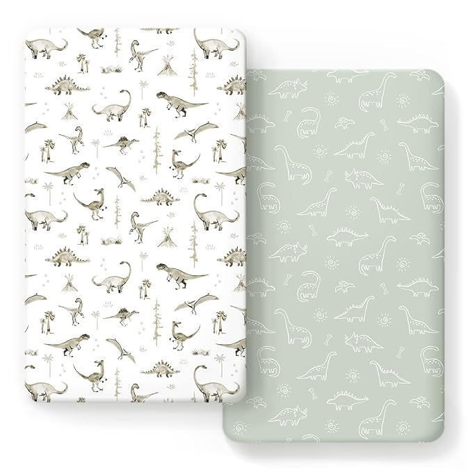GRSSDER Stretch Ultra Soft Jersey Knit Fitted Crib Sheets Set 2 Pack,Fit All Standard Crib Mattress Pads Safe and Snug, Crib Fitted Sheet for Baby, Dinosaur