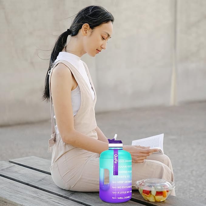 QuiFit Motivational Gallon Water Bottle - with Straw & Time Marker BPA Free Large Reusable Sport Water Jug with Handle for Fitness Outdoor Enthusiasts Leak-Proof