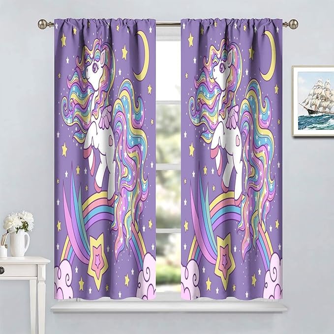 Unicorn Curtains Fantasy Star Moon Cartoon Theme Curtains Cute White Unicorn Rainbow Design Printed Curtains Boys Girls Room Curtains 42x54 Inch 2 Panels