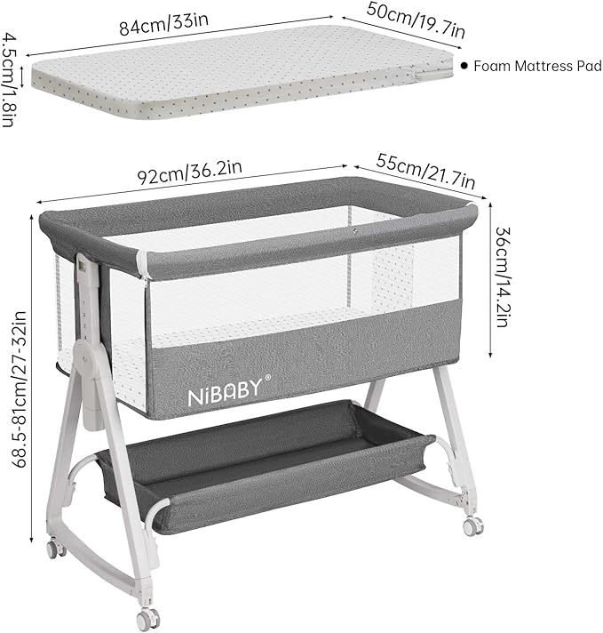 3 in 1 Baby Bassinet Bedside Sleeper, 6 Height Adjustable Portable Baby Crib Bedside Bassinet with Wheels, Mosquito Net & Storage Basket for Safe Co-Sleeping, Fit for Newborn/Infants (Gray)