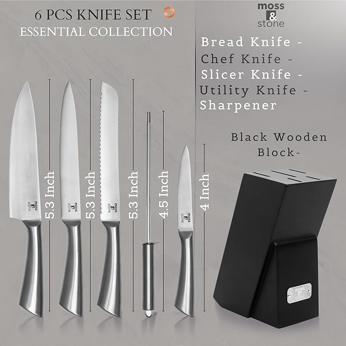 Moss & Stone Professional Kitchen Knife Chef Set, 6 Pcs Small Knife Set With Block, Premium Kitchen Knife Set Stainless Steel, Scratch Resistant & Rust Proof, Knife Block With Sharp Cooking Knives.