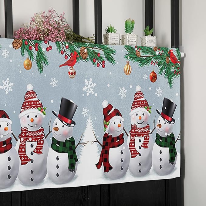 Christmas Kitchen Curtains Valances for Windows Snowman Cardinal Rod Pocket Window Treatment for Kitchen/Living Room/Bedroom/Bathroom,60" X 18" -1 Panel, Bluish Grey Winter Holiday