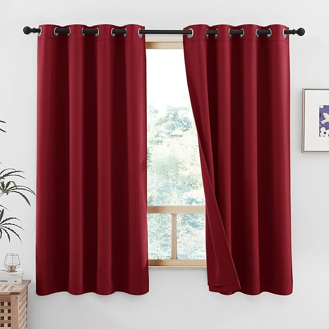NICETOWN Kitchen Full Blackout Curtain Panels, Super Thick and Soft Insulated Window Covers, 100% Blackout Draperies with Same Color Backing for Cafe Window (Burgundy Red, Set of 2 PCs, 52 by 45 Inch)