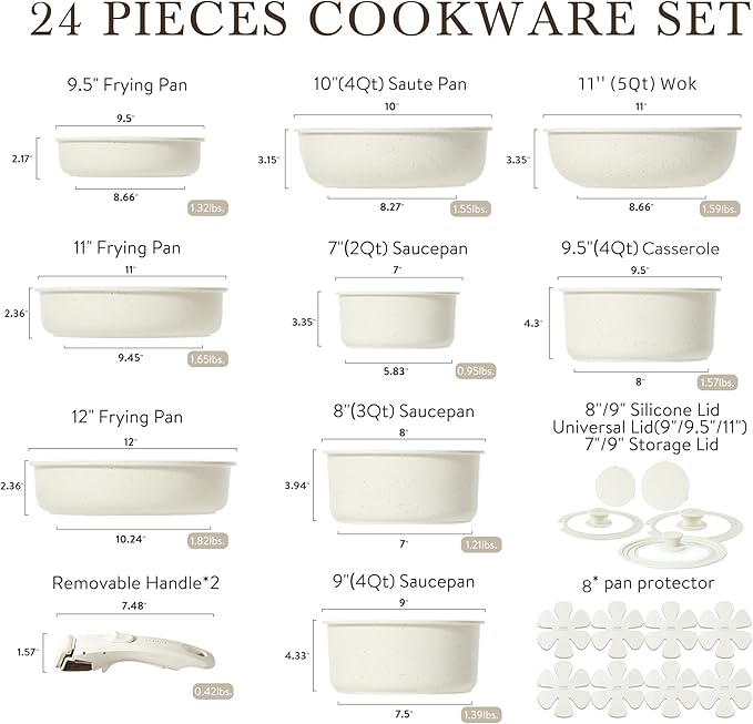CAROTE 24pcs Detachable Handle Pots and Pan Set, Nonstick Induction Cookware, Removable Handle, RV Oven Safe Cookware, Kitchen Cookware Set Non Stick, Cream White
