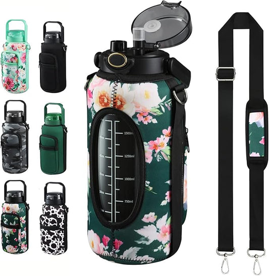 Half Gallon 64oz Glass Water Bottle with Straw and Storage Sleeve Motivational Water Bottle with Strap and Time to Drink 2L Leakproof Reusable Water Jug for Fitness Gym and Outdoors