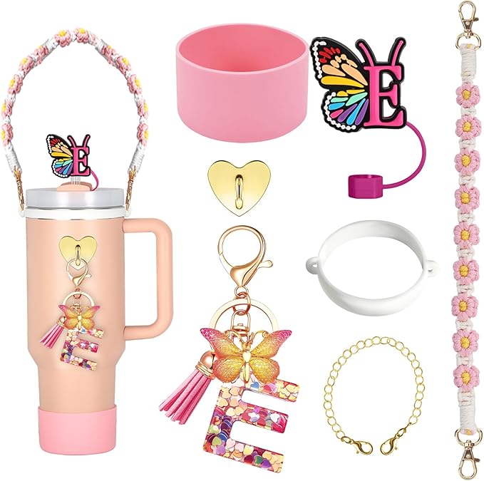 SPORCLO Stanley Cup Accessories Include Silicone Stanley Straw Cover, Butterfly Letter Keychain Charms, Water Bottle Handle Strap, Boot and Chain for Stanley Cup 30oz 40oz Tumbler