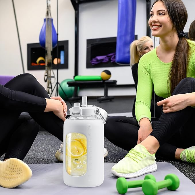 84oz Glass Water Bottle with Stainless Steel Handle,2.5L Gallon Water Bottle With 2-IN-1 Straw Lid, Silicone Sleeve and Motivational Capacity Marker, Wide Mouth Water Jug For Gym, Workout, White