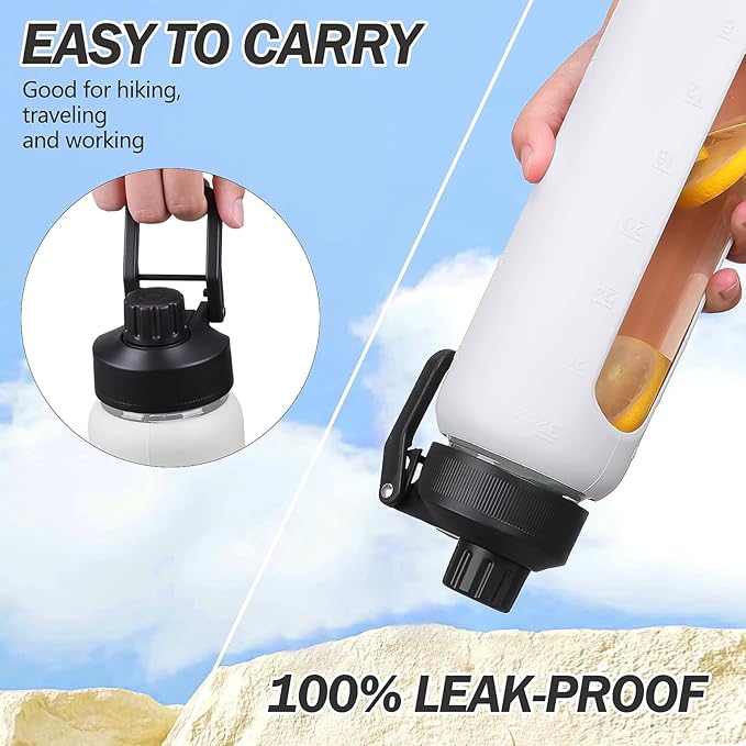 Glass Water Bottles with Straw -32oz- Water Bottle Phone Holder for Gym Large Motivational Water Bottle with Time Marker Glass Drinking Bottles 2 Lids - Spout & Bamboo Straw Lid(White)