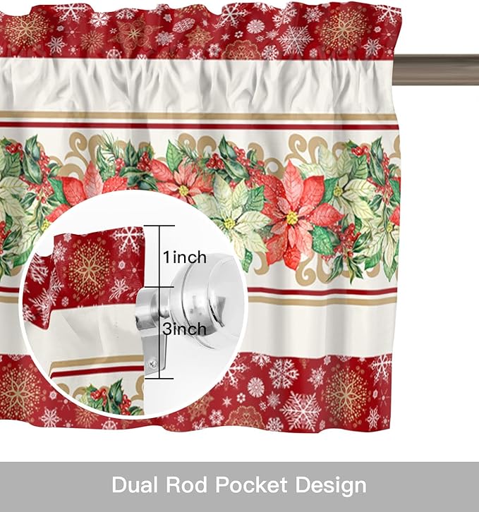 Watercolor Poinsettia Christmas Kitchen Curtains and Valances Set, Red Xmas Winter Holiday Windows Treatments Tiers Half/Short Curtains for Small Windows Cafe /Living Room/ Bedroom 54x36 in Gold White