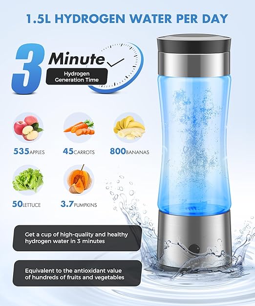 3 in 1 Hydrogen Water Bottle, Hydrogen Water Bottle Generator with SPE PEM Technology Water Ionizer,Portable Rechargeable 3 Min Quick Electrolysis - Suitable for Home,Office, Travel