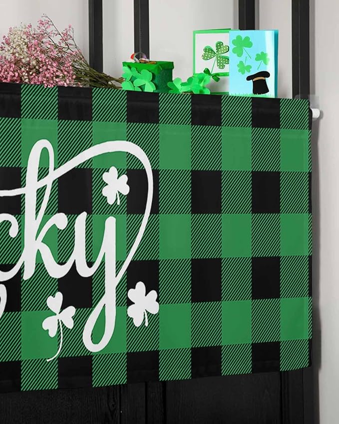 St. Patrick's Day Buffalo Plaid Kitchen Curtains Valances for Windows Lucky Shamrocks Clover Rod Pocket Window Treatment for Kitchen /Living Room/Bedroom/ Bathroom, 54" X 18", Rustic Green Black