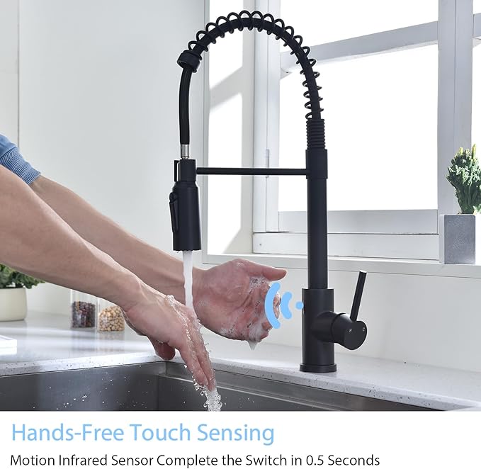 Touchless Kitchen Faucet with Pull Down Sprayer Water Filte 3 Hole Single Handle for Sink Rv Commercial Outdoor Laundry Brass Stainless Steel Material(Black)
