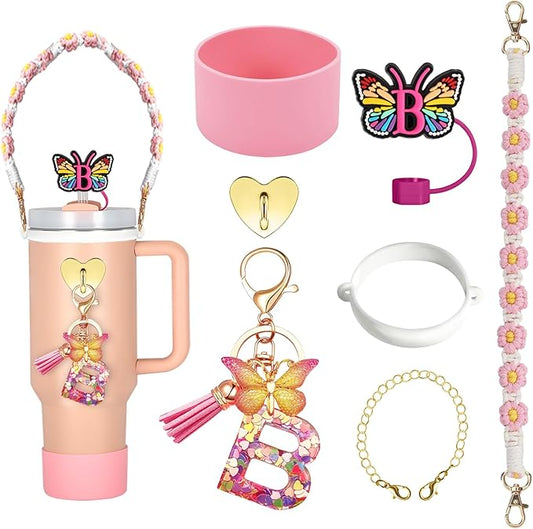 Stanley Cup Accessories Include Silicone Stanley Straw Cover, Butterfly Letter KeyChain Charms, Water Bottle Handle Strap, Boot and Chain for Stanley Cup 30oz 40oz Tumbler