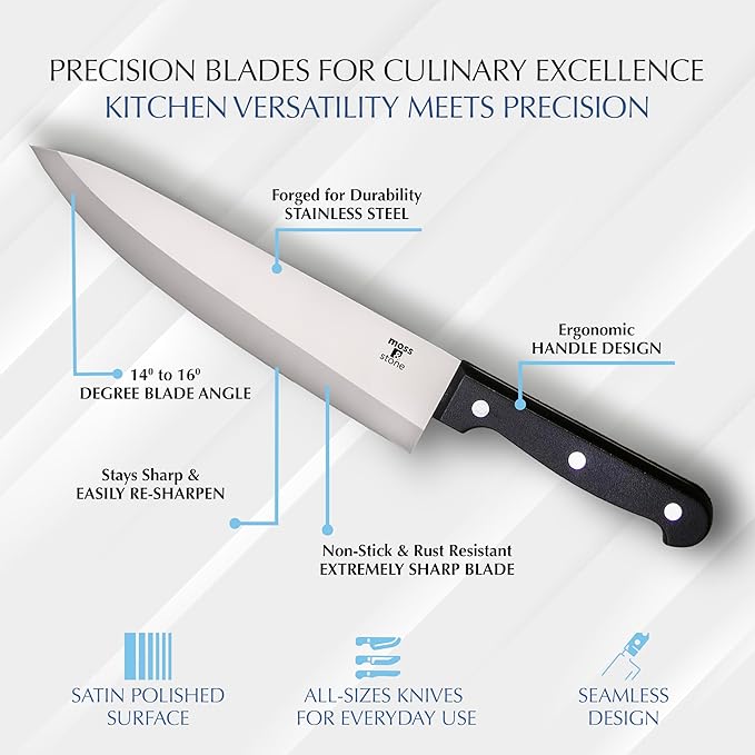 Moss & Stone 14-piece Knife Block Set, Stainless Steel Knife Set, Premium Kitchen knives Set With High-Carbon Stainless Steel Blades And Wooden Block Set, Cutlery Knife Set, 14 Pcs Kitchen Knife Set