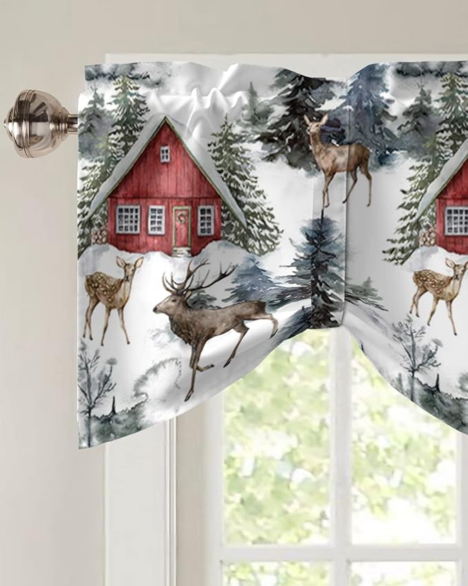 Christmas Blackout Tie Up Valance Curtains for Kitchen Windows Red Farmhouse Barn Window Toppers Balloon Shades for Living Room/Bathroom/Bedroom,1 Panel,42" X 18" Elk