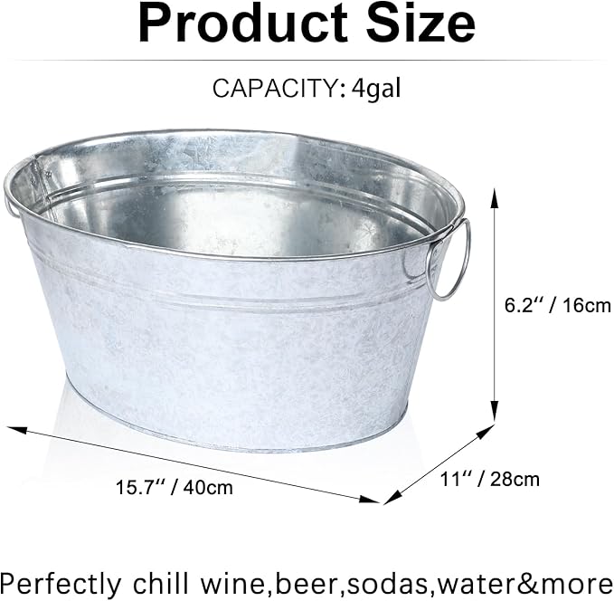 4 Gallon Galvanized Tub Ice Bucket for Parties, 2pcs Galvanized Bucket Beverage Tub Large Metal Bucket with Handles, Tin Beverage Tub Wine Beer Drink Tub Cooler for Cocktail Bar (Galvanized Buckets)