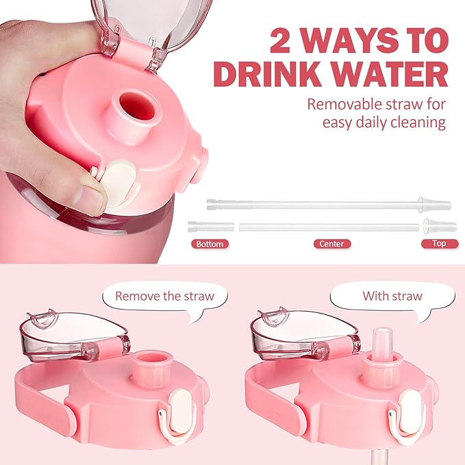 kytffu 56oz Glass Water Bottles with Straw, Motivational Glass Bottle with Silicone Sleeve and Time Marker, Leakproof Large Glass Water Jug for Gym Home Office,Pink