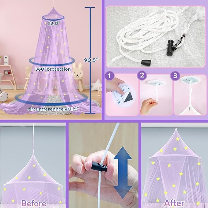 Daksha Purple Princess Bed Canopy for Girls with Glowing Stars, Ceiling Tent for Kids, Fits Twin, Full, and Queen Size Beds, Suitable for Indoor Room Decor and Outdoor Use