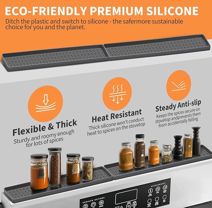 BFONS 30" Magnetic Stove Top Shelf Spice Rack Storage, Silicone Top Heat Material Stove Rack Shelf Flexible Seasoning Organizer Kitchen Shelves Gadgets with 2 Functional Prtitions for Kitchen (Grey)