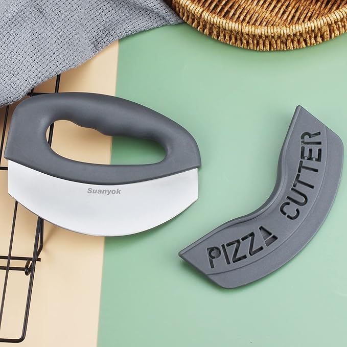 Premium Pizza Cutter Food Chopper-Super Sharp Blade Stainless Steel Pizza Cutter Rocker Slicer with Protective Sheath Multi Function Pizza Knife Kitchen Tools,Dishwasher Safe (Gray)