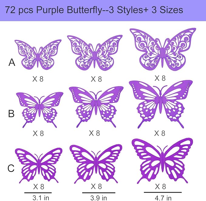 72Pcs 3D Butterfly Wall Decor 3 Sizes 3 Styles, Butterfly Decorations Party Birthday Cake Decoration, Removable Butterfly Wall Stickers for Kids Nursery Wedding Bedroom Room Decor(Purple)