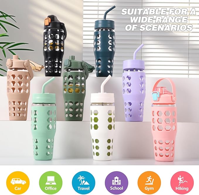 MUKOKO 32 oz Glass Tumbler with Straw,Glass Water Bottles with Time Marker,Iced Coffee Cup with 2 Lids-Handle Spout Lid&Straw Lid,Silicone Sleeve,Leakproof,1 Pack-Amber