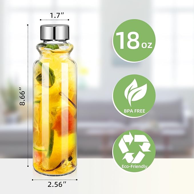 GoldArea Glass Water Bottles - 2 Packs 18oz Glass Bottles with Lids - Ideal for Juice, Juice Cleanses, and Reusable Juicing Bottles,Wide Mouth Liquid Storage Containers for Refrigerator